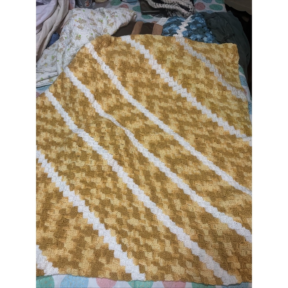 Mustard Yellow and White Acrylic Knitted Throw Blanket with a wave pattern 41x41